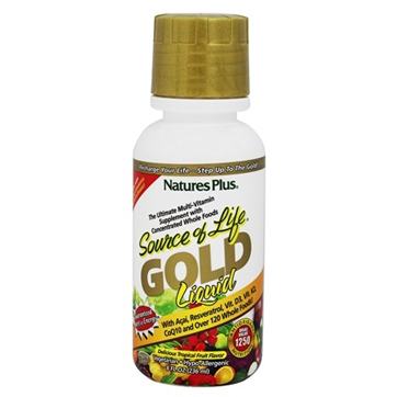 Bottle of Nature's plus Gold liquid Multivitamin and whole foods suppliment