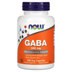 NOW Foods GABA, 500 mg + Vitamin B-6 (2mg), 100 Veg Capsules