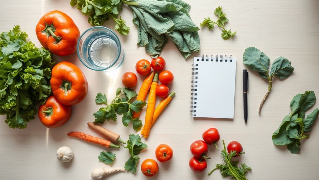 Fresh vegetables, leafy greens and a glass of water on a light wooden table
