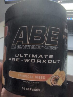 A container with the brand All Black Everything on it showing the product name ABE Tropical Vibes Pre Workout 30 Servings