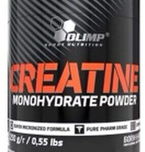 A container with the brand OLIMP printed on it, showing the product name CREATINE MONOHYDRATE POWDER and the pack size 73