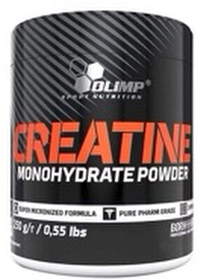 A container with the brand OLIMP printed on it, showing the product name CREATINE MONOHYDRATE POWDER and the pack size 73