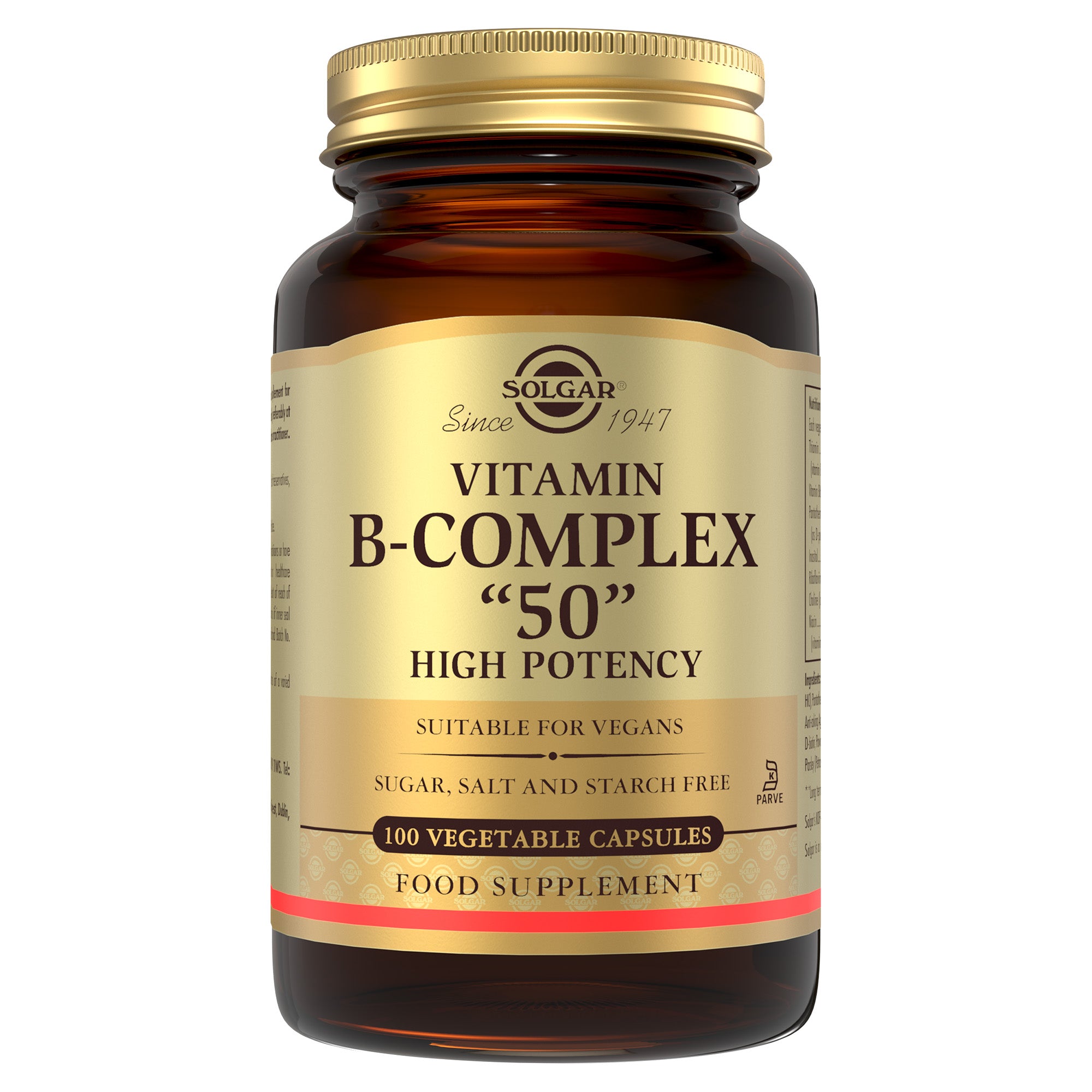 Solgar Vitamin B-Complex "50" High Potency Vegetable Capsules (pack shot; also sold as 100 caps)