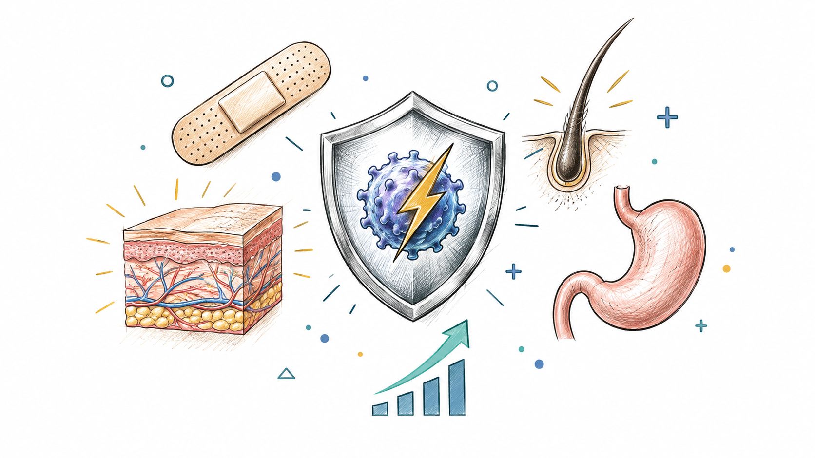A conceptual illustration representing immune system health with icons for skin, stomach, hair, and protective shield.