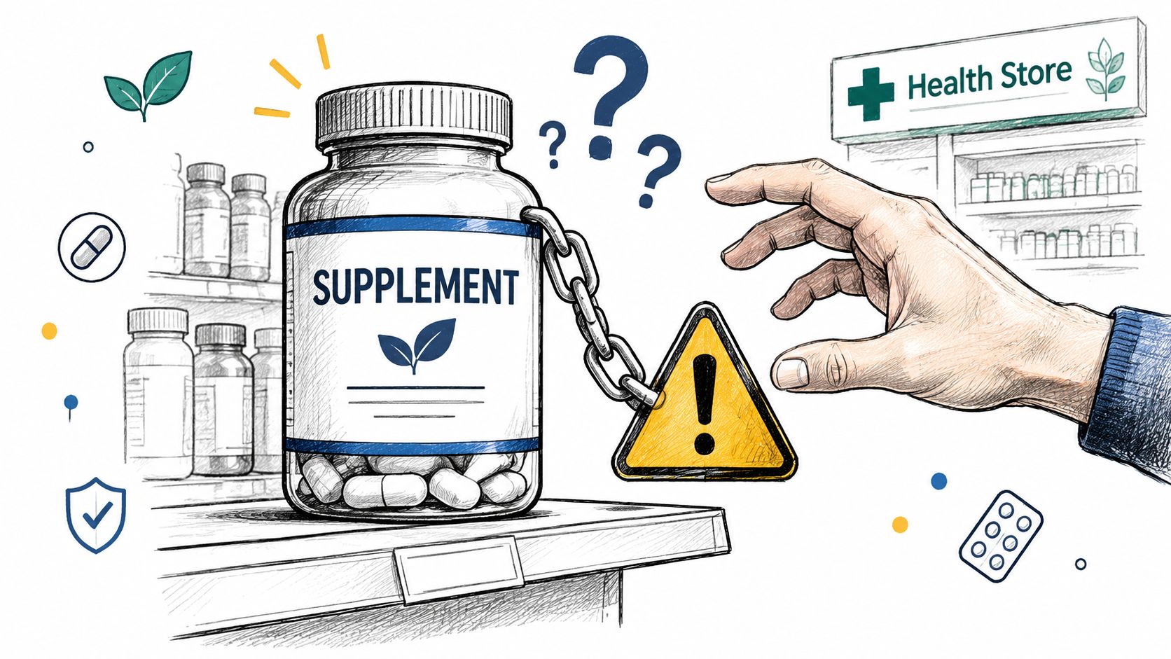 A hand reaching for a bottle of supplements chained to a yellow caution sign, suggesting health risks.