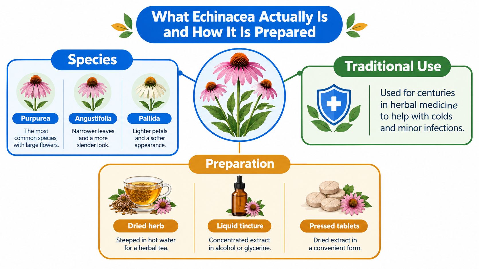 An infographic detailing Echinacea species, its traditional uses for colds, and common preparation methods like tea and tinctures.