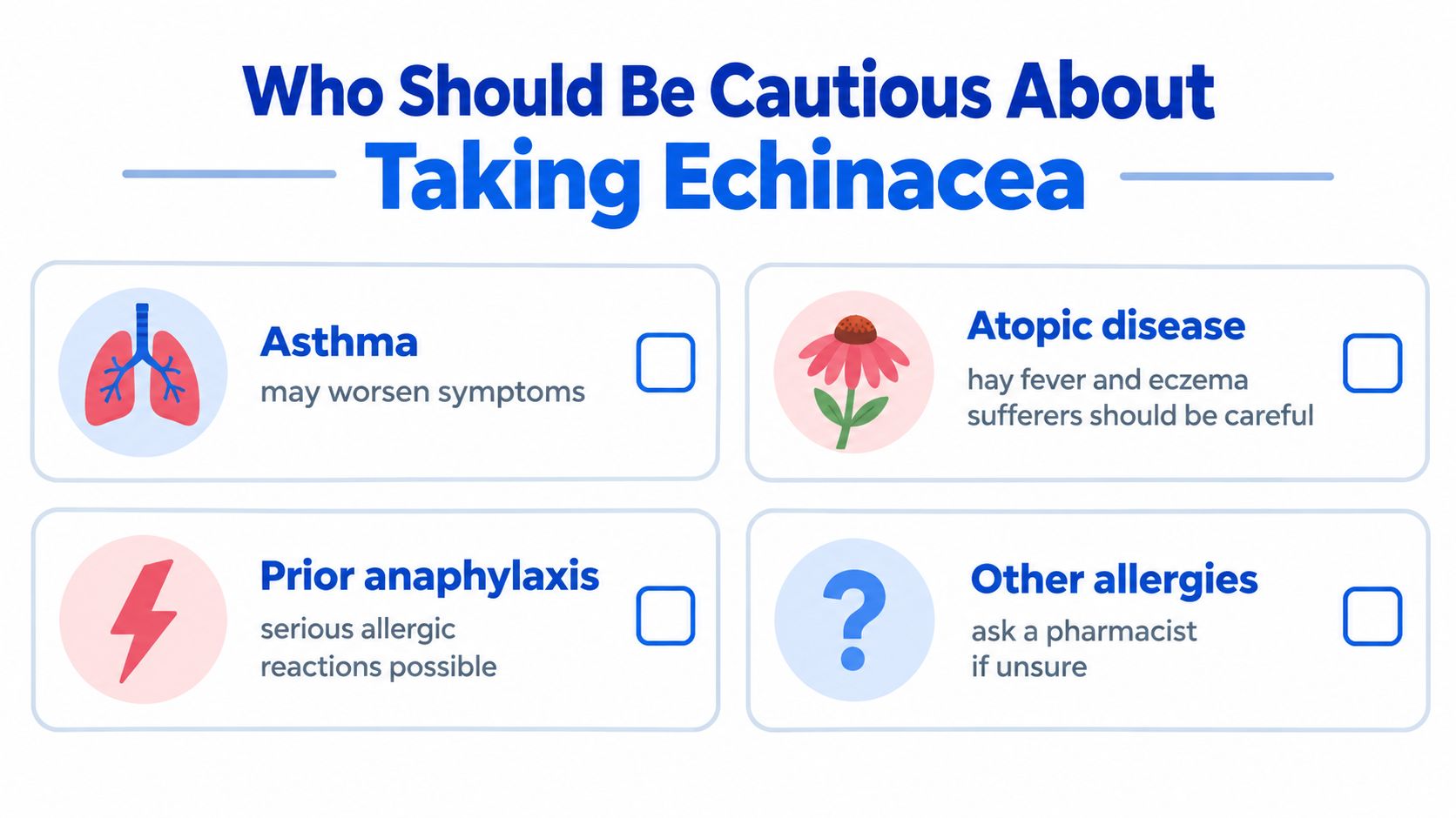 A warning infographic listing medical conditions for which individuals should be cautious when taking Echinacea supplements.