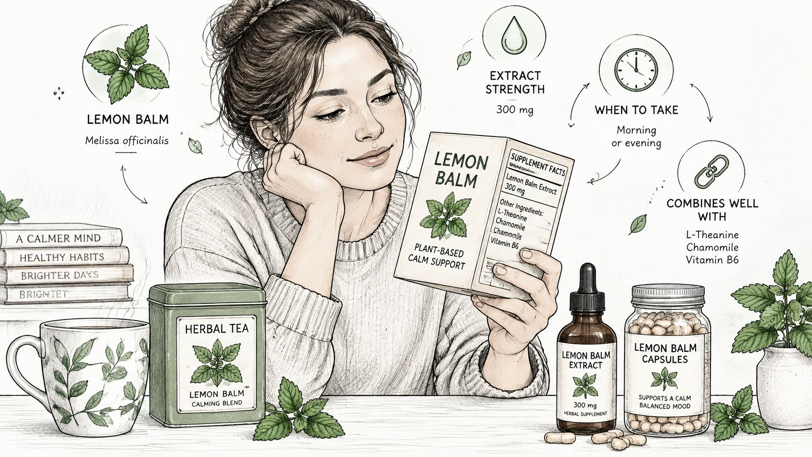 A hand-drawn illustration showing a woman reviewing lemon balm herbal supplements with accompanying wellness and herbal tea products.