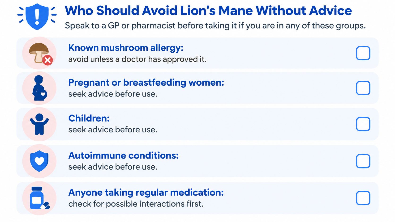 A list of groups who should consult a healthcare professional before taking Lion's Mane mushroom supplements.