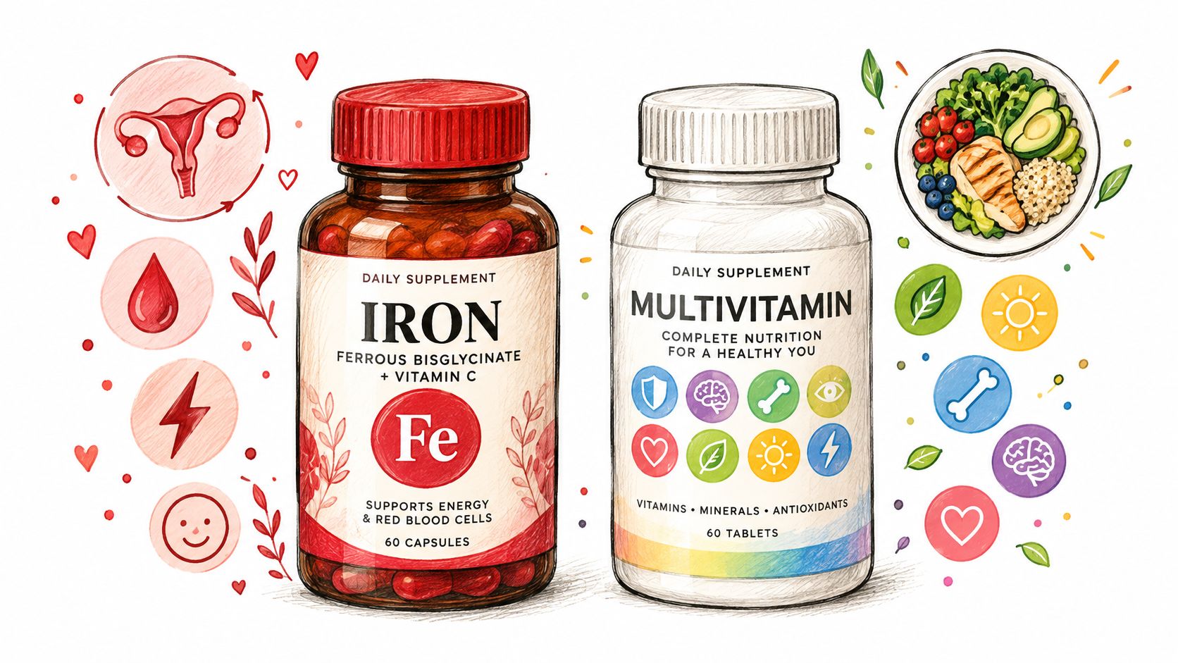 A hand-drawn illustration showing bottles of iron supplements and multivitamins surrounded by healthy lifestyle icons.