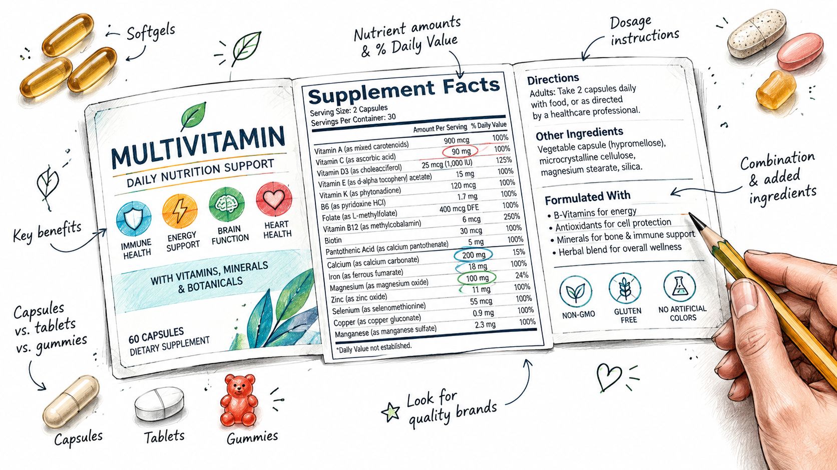 A hand holding a pencil points to a supplement facts label explaining the components of a multivitamin.