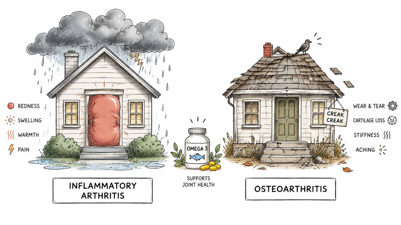 A diagram comparing inflammatory arthritis and osteoarthritis using house metaphors, featuring a bottle of Omega 3 supplements.