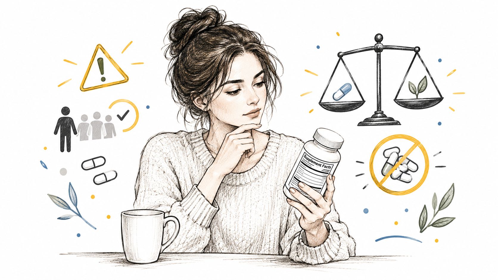 A woman reading a supplement bottle label with illustrated icons of safety, health balance, and pill warnings.